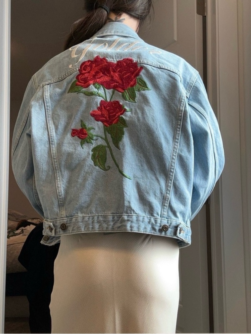 Light Blue Denim Jacket with Red Rose Embroidery - Women - Picture 7 of 8